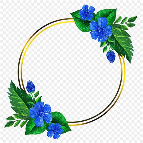 Cadre Cercle Doré Avec Fleur Bleue Et Feuilles Vertes à La Main PNG