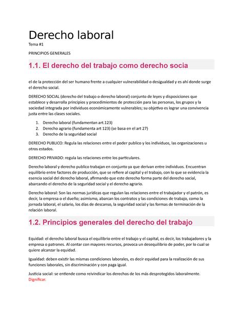 Derecho Laboral Resumen Derecho Laboral Tema Principios Generales 1