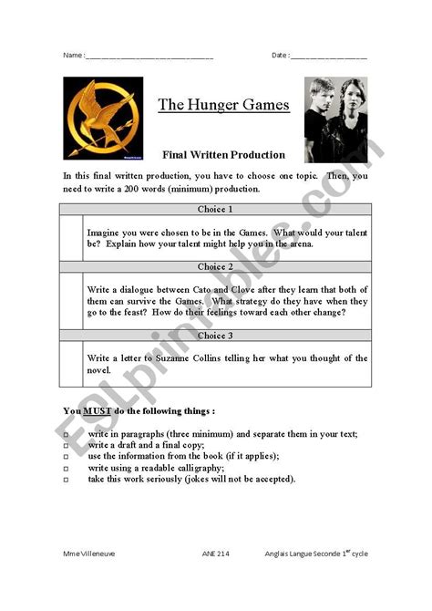 The Hunger Games ESL Worksheet By Villeneuvea