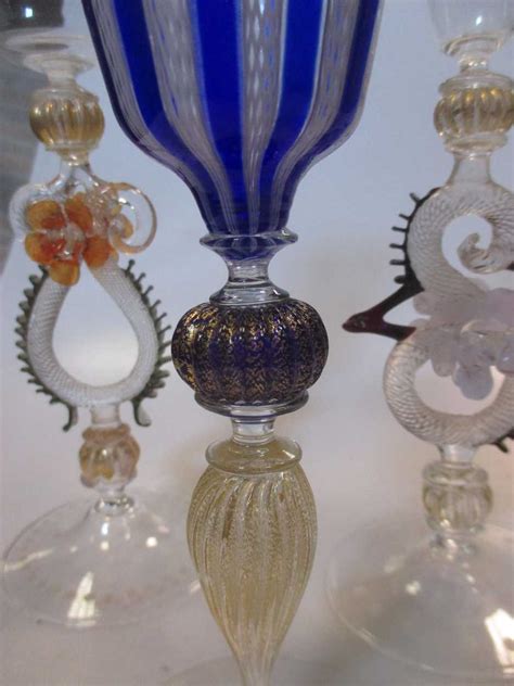 An Early 20th Century Venetian Tall Blue Wine Glass Together With Four Other Glasses 5 In