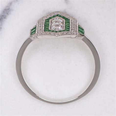 DIAMOND EMERALD VINTAGE STYLE RING ART DECO GEOMETRIC COCKTAIL ANTIQUE ...