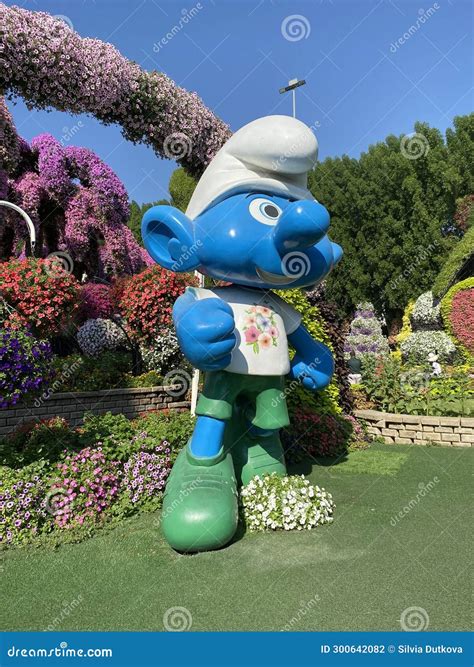 Large Blue Smurf In Miracle Garden In Dubai Editorial Photography