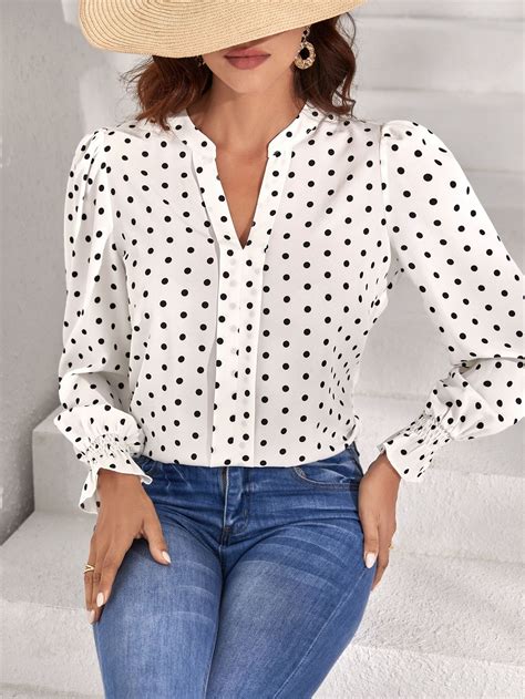 SHEIN Frenchy Polka Dot Print Notched Neckline Flounce Sleeve Blouse In