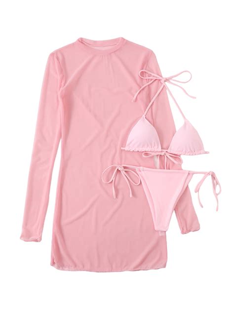 LSFYSZD Women Pieces Swimsuit Set Solid Color Halterneck Bikini Bra And G String See Through