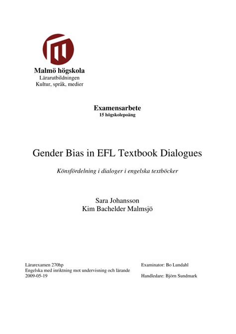 Pdf Gender Bias In Efl Textbook Dialogues Malm¶ H¶gskola Dokumentips