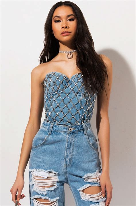 Akira Label Rhinestone Studded Lace Up Denim Corset Top In Blue