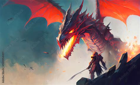 Fire Dragon With Knight Army Fantasy Black Winged Dragon Illustration