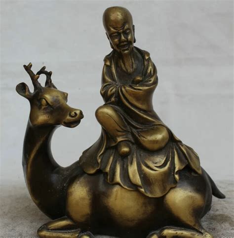 Jp S Chinese Copper Feng Shui Folk Arhat Luo Han Buddha Ride Deer