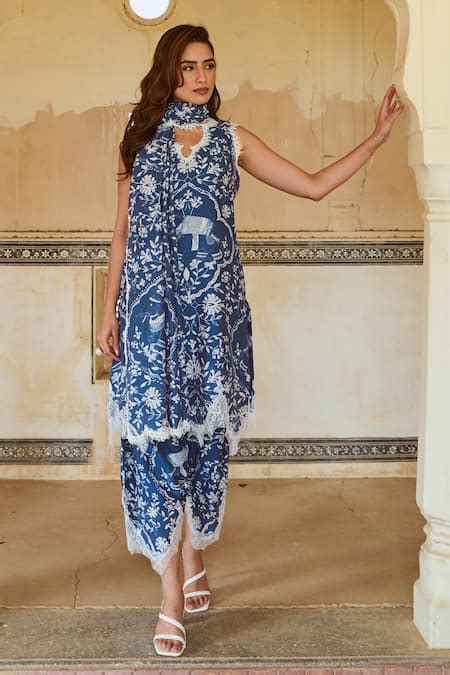 Buy Blue Chanderi Printed Botanical Scallop V Neck Neelambara Kurta Set