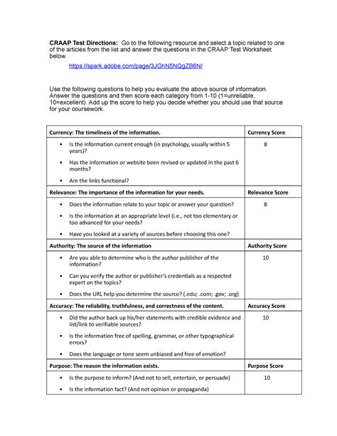 Craap Test Library Worksheet Craap Test Directions Go To The