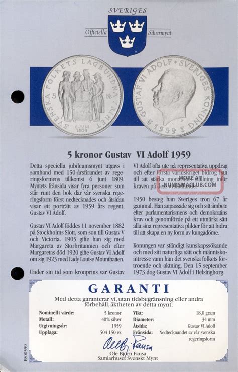 Sweden Krona Kronor Gustav Vi Adolf Silver Commemorative With