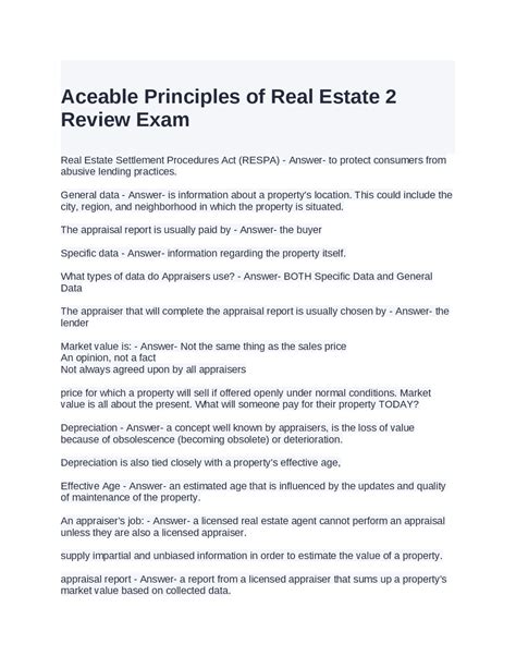 Aceable Principles Of Real Estate Review Exam Questions And Answers