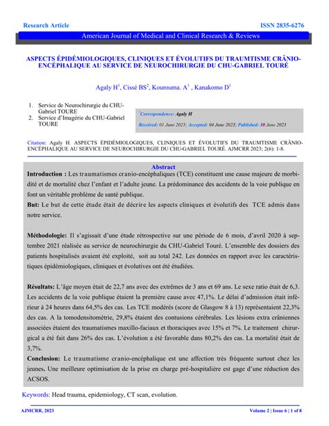 PDF ASPECTS ÉPIDÉMIOLOGIQUES CLINIQUES ET ÉVOLUTIFS DU TRAUMTISME