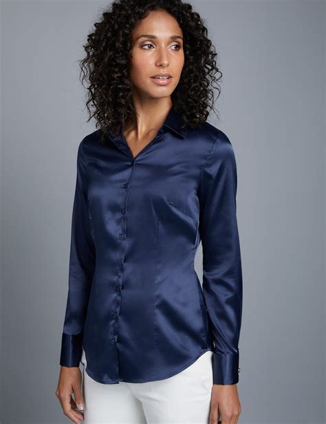 Womens Navy Fitted Satin Shirt Double Cuff Satin Shirt Hawes And