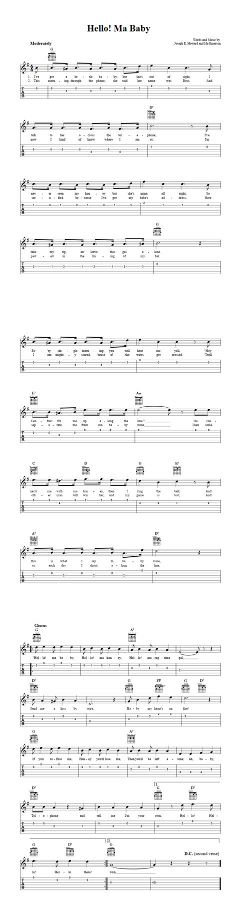 Hello Ma Baby Easy Guitar Sheet Music And Tab With Chords And Lyrics