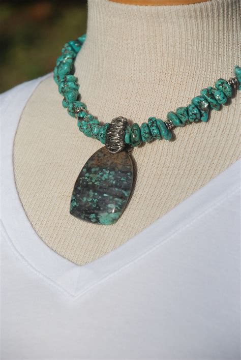 African Turquoise Pendant On A Turquoise And Silver Necklace Etsy