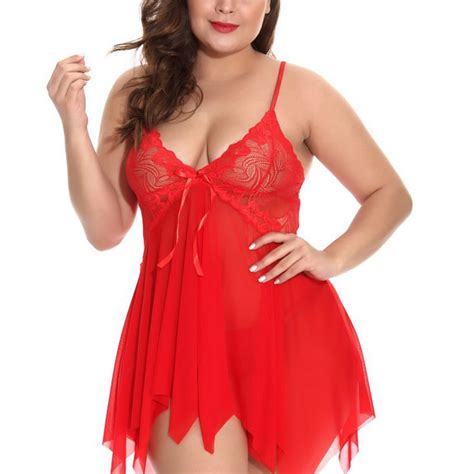 Xmarks Women Plus Size Sexy Lingerie Lace Babydoll Deep V Nightwear Mesh Sheer Chemises Red Xl