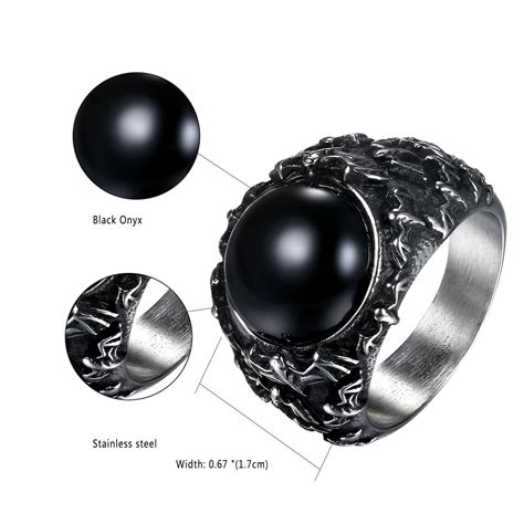 Men S Gothic Vintage Casted Stainless Steel Bat Black Agate Band Ring