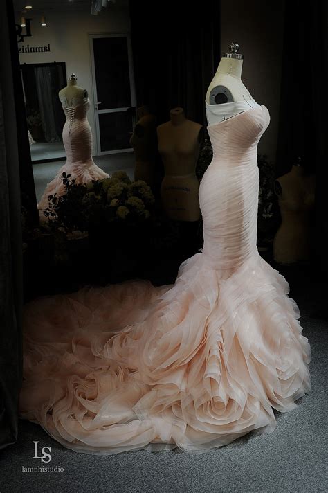 Ls16 Pinkie Blush Pink Mermaid Wedding Dress With Ruffle Rose Etsy