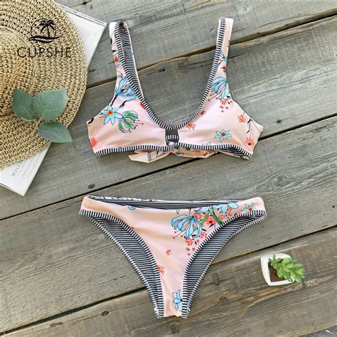 Cupshe Pink Flora Print Reversible Bikini Sets Women Bowknot Striped