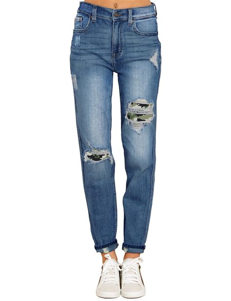 LookbookStore Women's Distressed Destructed Washed Denim High Rise Relaxed Boyfriend Jeans Size ...