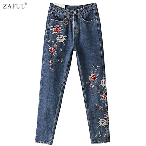 Kenancy Woman Floral Embroidered Jeans High Waist Light Blue Pencil