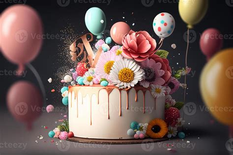 3D Birthday Cake With Flowers With Colorful Balloons 3d Rendering