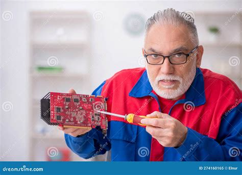 Old Male Repairman Repairing Computer Stock Image Image Of