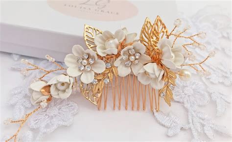 Bridal White Flower Pearl Hair Comb And Pin Set Of Four Gold Etsy