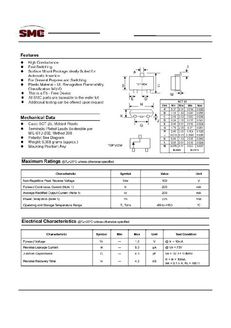 Mmbd Datasheet Pages Smc Surface Mount Fast Switching Diode