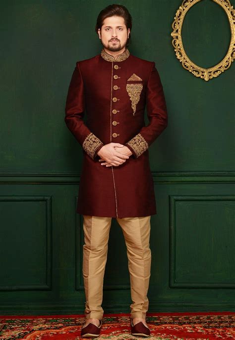 Hand Embroidered Art Silk Sherwani In Maroon In Sherwani