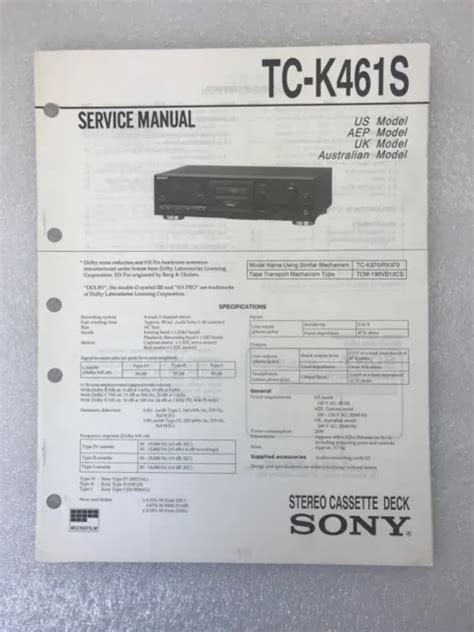 Original Oem Sony Tc 461s Repair Service Manual Stereo Cassette Deck