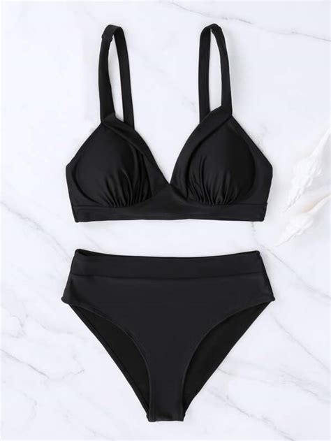 SHEIN Swim Basics Solid High Waisted Bikini Swimsuit SHEIN USA