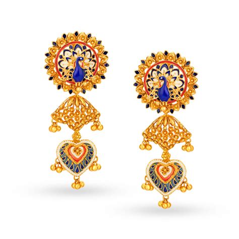 Majestic 22 Karat Yellow Gold Enamel Peacock Drops