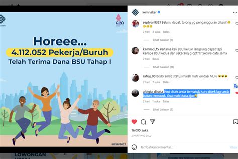 Kumpulan Komentar Unik Netizen Di IG Kemnaker Soal BSU 2022 Yg Masih