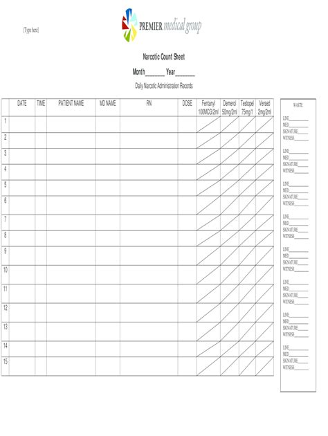 Premier Medical Group Narcotic Count Sheet Fill And Sign Printable