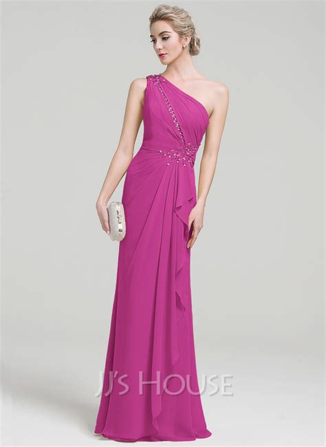 Sheath Column One Shoulder Floor Length Chiffon Evening Dress With