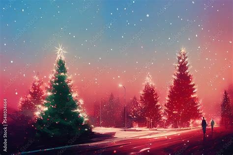 Christmas Tree On The City Street Hand Drawn Art Illustration Abstract Background. Merry ...