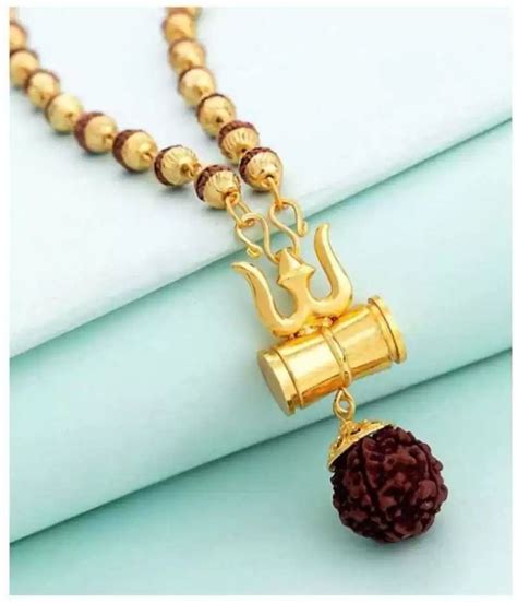 Neklace Brass Rudraksha Mala With Gold Plated Trishul Damru Pendant