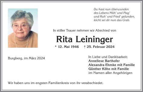 Traueranzeigen von Rita Leininger Allgäuer Zeitung