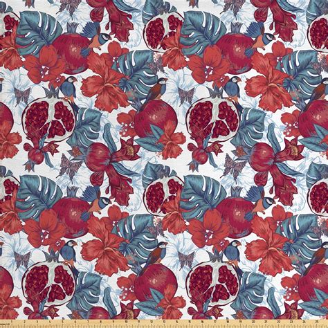 Vintage Fabric By The Yard Pomegranate Fruit Hibiscus Flower Monstera