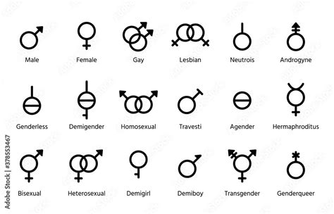 Gender Symbols Vector Set Outline Black Icons Isolated On White