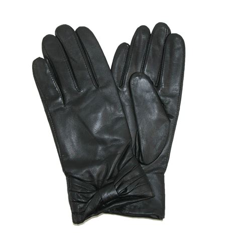 Ili Womens Lambskin Fleece Lined With Bow Winter Gloves Black Leather