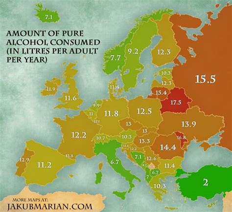 Amount Of Alcohol Consumed Per Capita By Country In Europe Map