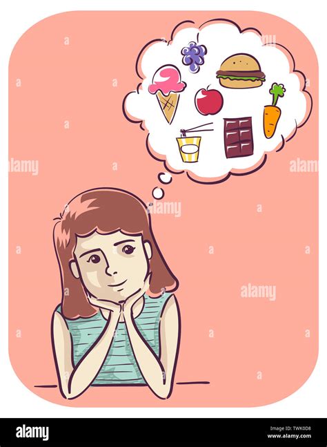 Illustration Of A Girl Smiling And Thinking About Food From Ice Cream