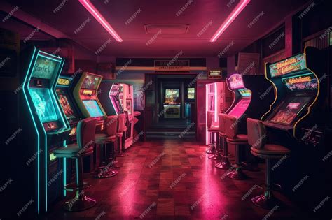 Premium Ai Image A Deserted Arcade Neon Lights Flickering And Casting