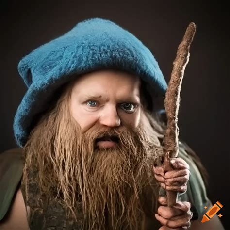 Gnome Druid With A Brown Beard Jolly And Smiling Wearing A Blue Hat