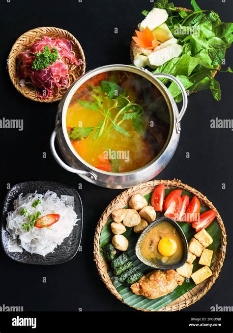 Korean Spicy Hot Pot With Beef Meat And Noodles On Black Background Stock Photo Alamy