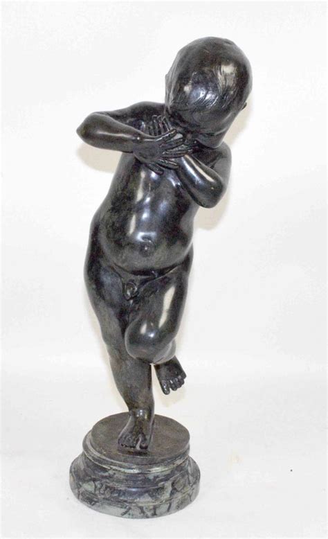 Bronze Statue Of Young Boy On Faux Marble Wooden Base Unsig