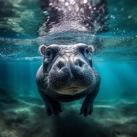 Premium AI Image | A hippo swimming underwater with its head above water.